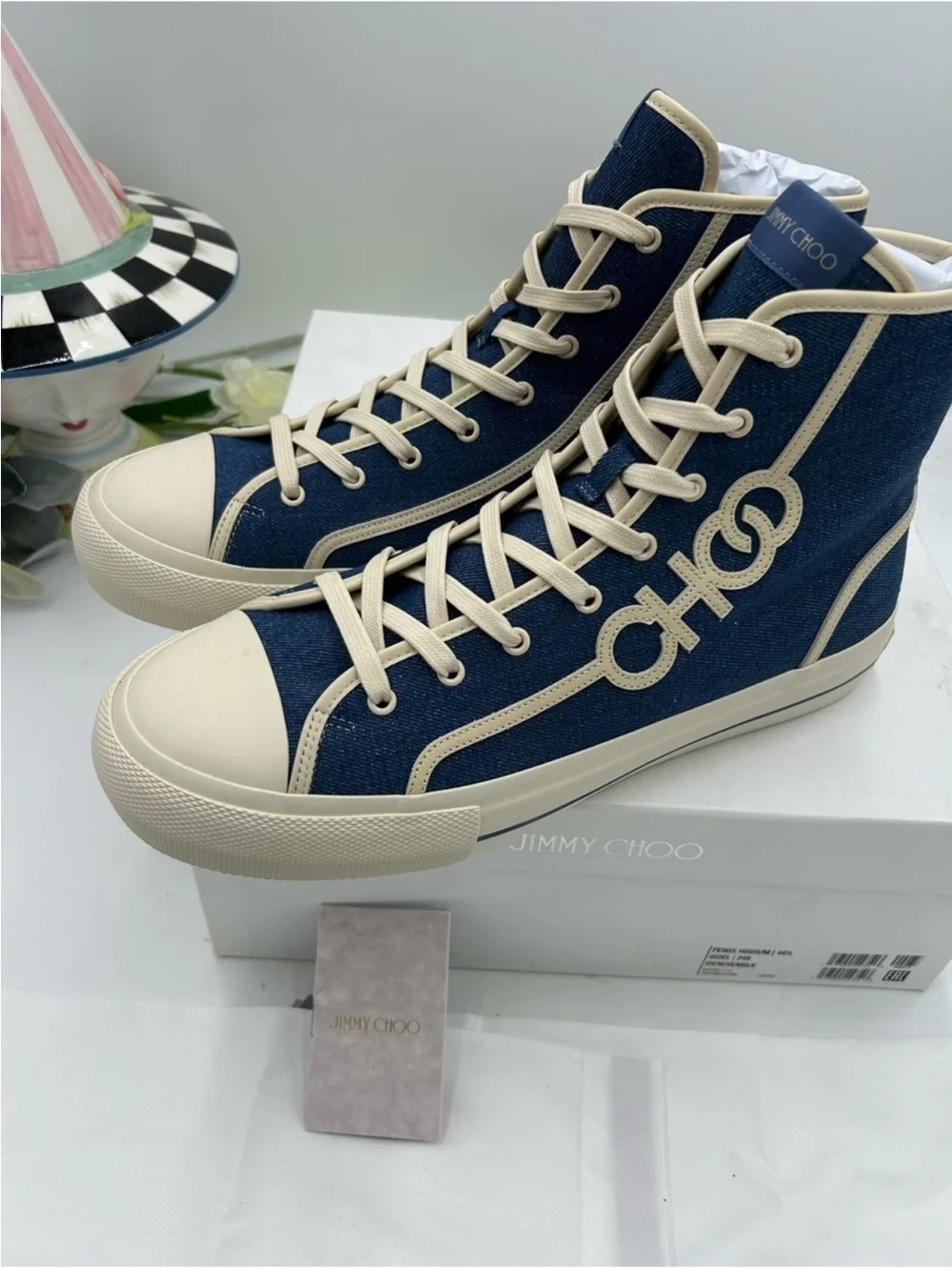 Men’s Jimmy Choo FENIX denim high top logo sneakers size 44.5